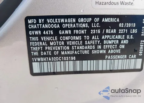 2013 Volkswagen Passat Se from USA, damaged, VIN 1VWBH7A32DC103196